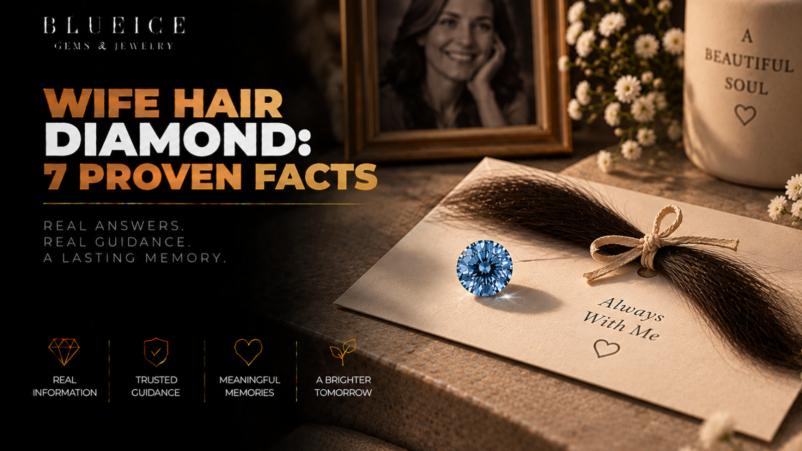 Wife hair diamond: a small blue lab-grown memorial diamond beside a tied lock of dark hair on cream paper
