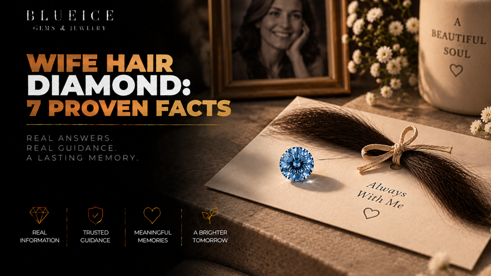 Wife hair diamond: a small blue lab-grown memorial diamond beside a tied lock of dark hair on cream paper