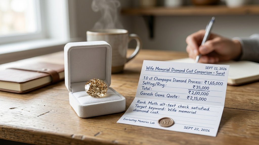 Wife memorial diamond cost comparison: a loose champagne-toned memorial diamond beside a written quote on a kitchen table