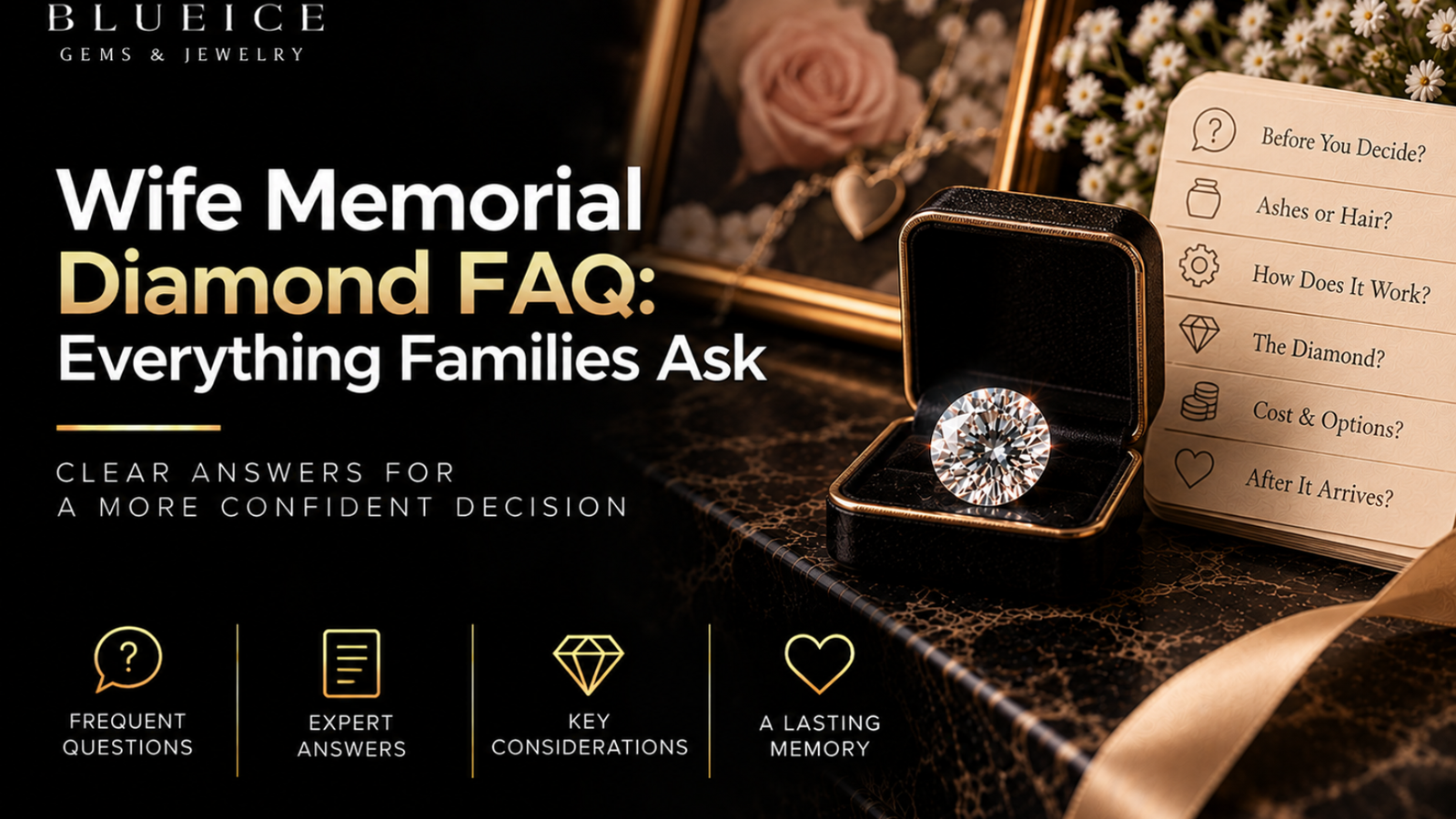 Wife memorial diamond FAQ featuring a memorial diamond, keepsake box, family questions, and memorial jewelry