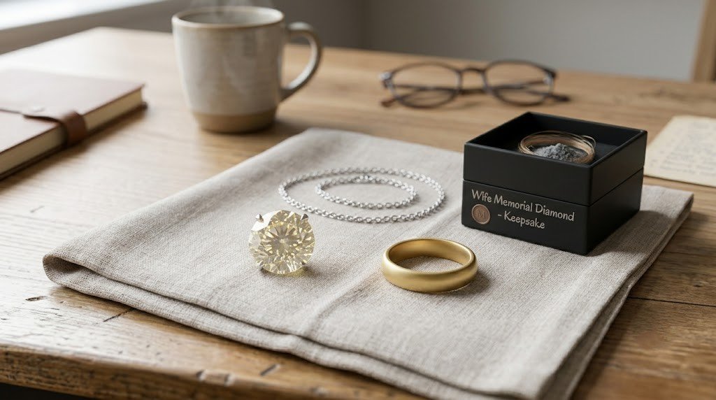Wife memorial diamond ideas laid out together: a loose memorial diamond, a fine chain, a plain band and a small keepsake box on a folded cloth