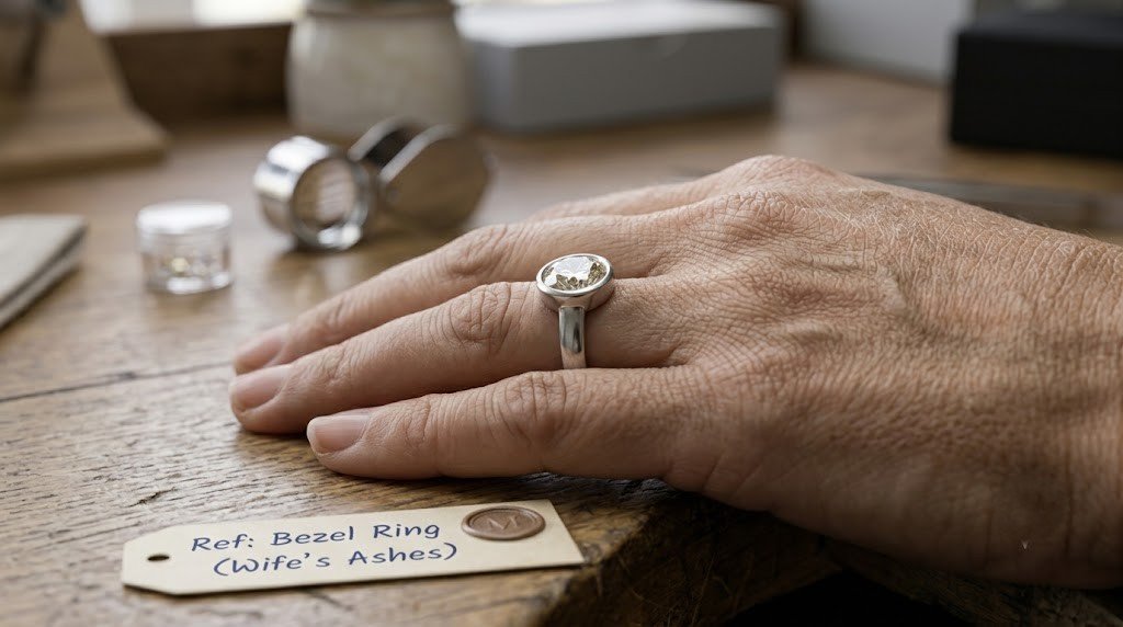 Wife memorial diamond settings shown as a low bezel-set ring worn on a hand resting on a work surface