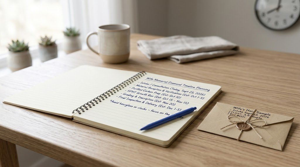| Wife memorial diamond timeline planning: an open notebook and a sealed, labeled envelope on a kitchen table in morning light