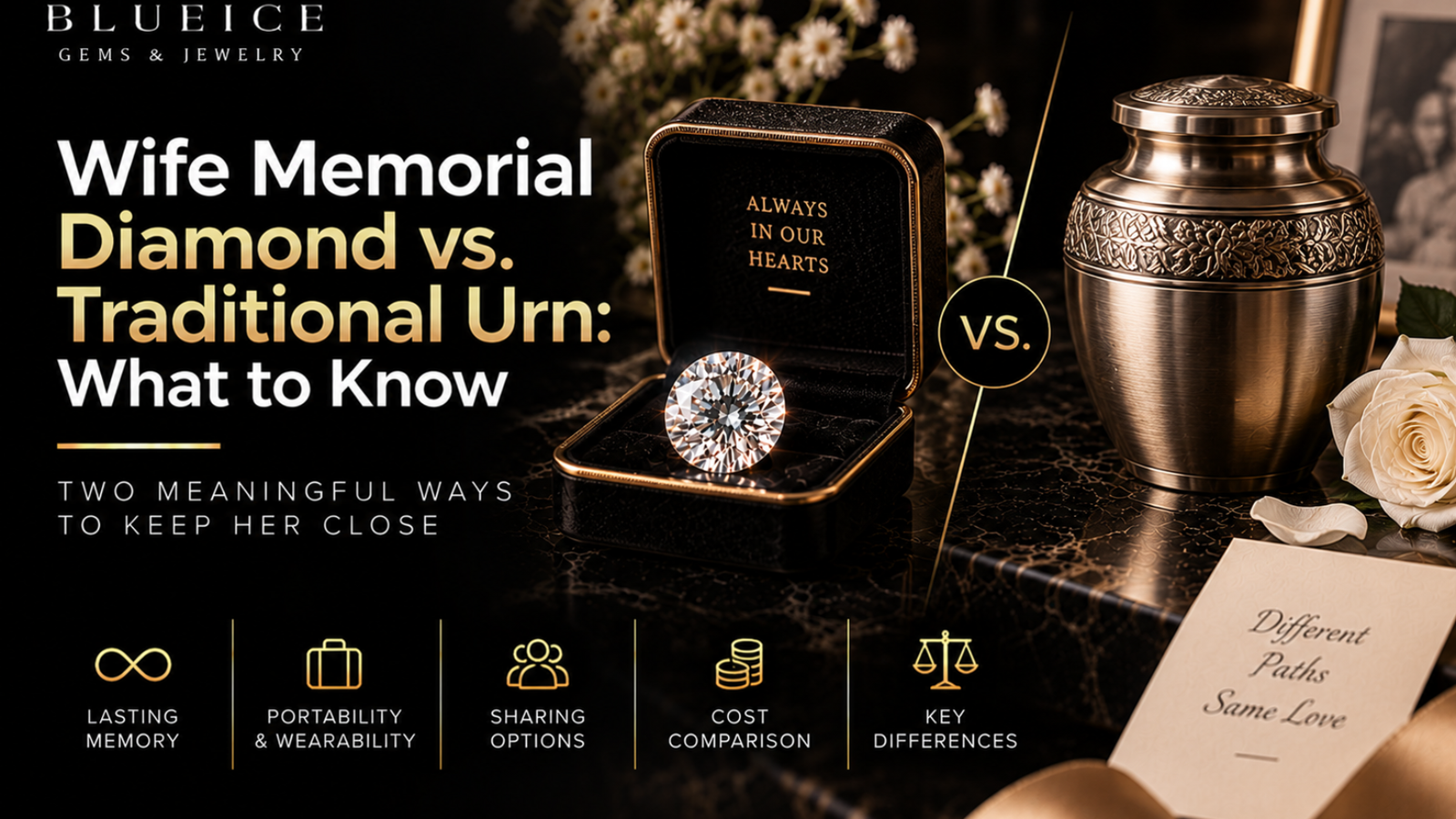 Wife memorial diamond vs traditional urn showing a memorial diamond and urn with key differences in portability, sharing, cost, and remembrance