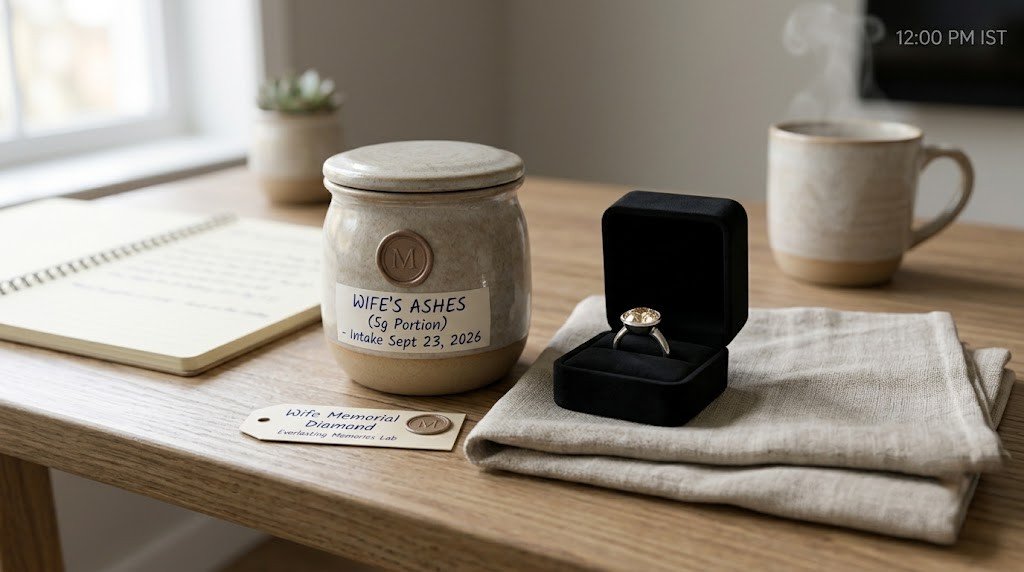 Wife memorial diamond vs traditional urn: a ceramic cremation urn on a home shelf beside a small open ring box holding a pale champagne stone