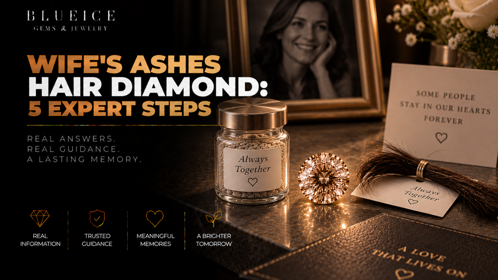 Wife's ashes hair diamond: a small champagne lab-grown diamond between a sealed ash container and a tied lock of hair, all labeled with the same reference