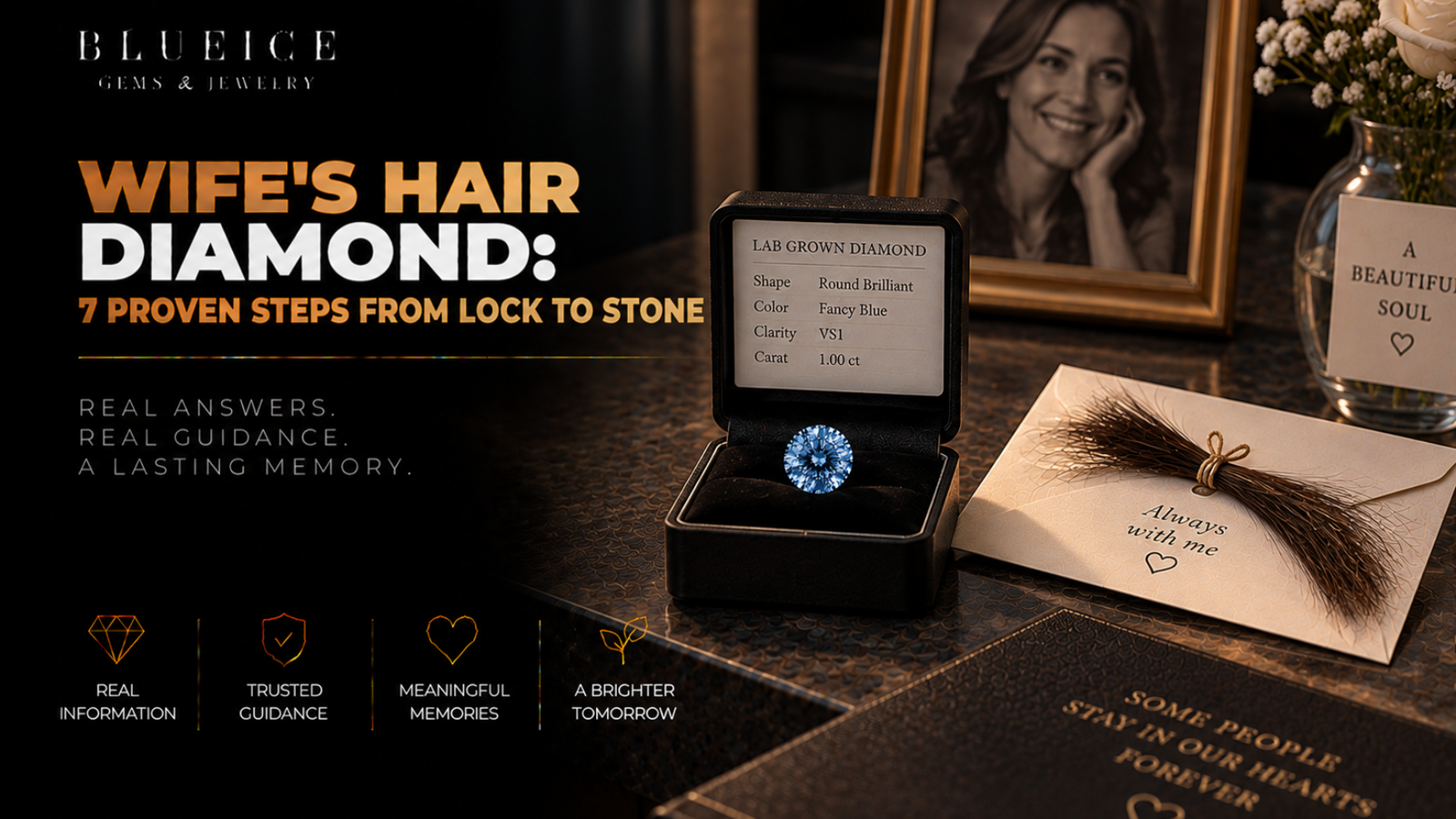 Wife's hair diamond: a small blue lab-grown diamond in its grading box beside a tied lock of hair on a paper envelope