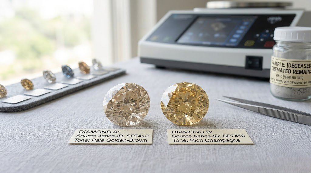 Two loose lab-grown memorial diamonds of noticeably different tone resting side by side on neutral cloth