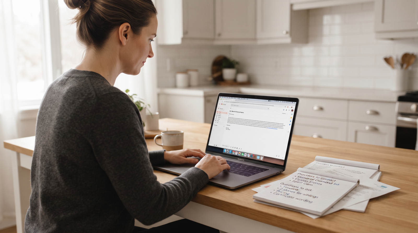 Someone drafting an email at a kitchen table with notes beside them