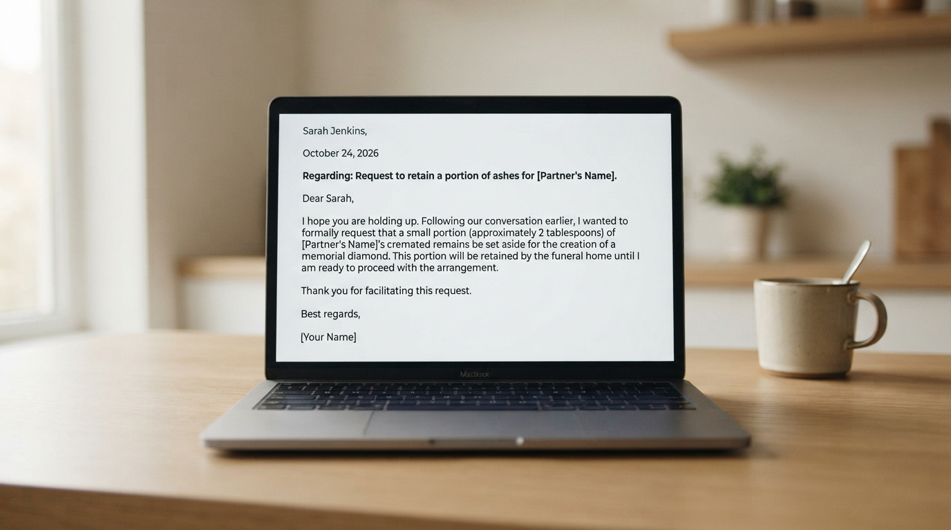 A short written request open on a laptop screen at a kitchen table, illustrating putting the ask in writing