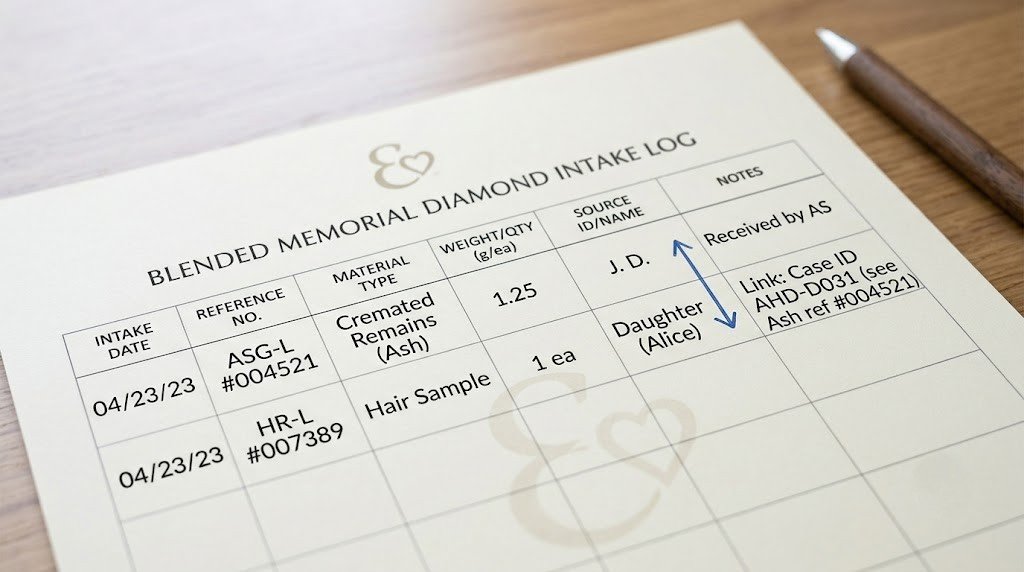 An intake log sheet with two linked reference numbers, one for ash and one for hair