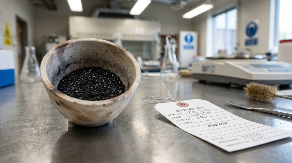 Laboratory crucible of purified carbon beside a labeled custody tag on a steel bench