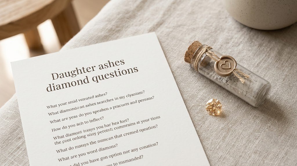 | Daughter ashes diamond questions printed on a sheet beside a small sealed ash container and a loose champagne-toned stone
