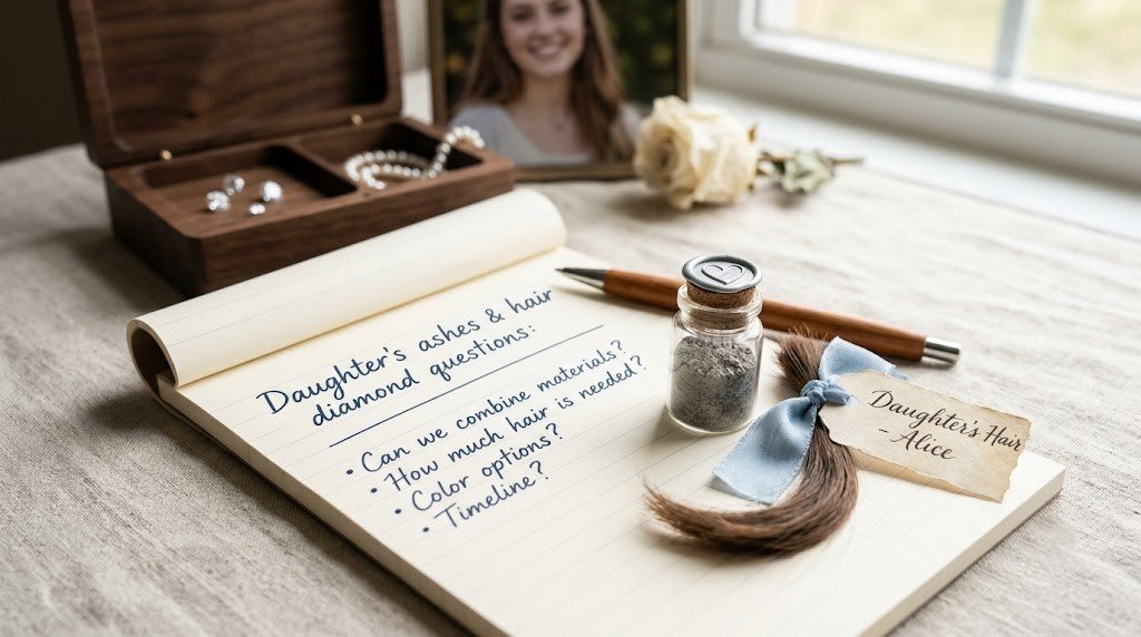 Daughter ashes hair diamond questions on a notepad beside a small sealed ash container and a labeled lock of hair