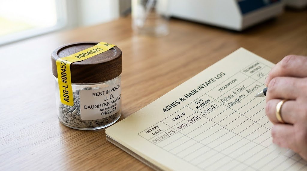 A numbered tamper-evident seal on a small ash container next to an intake log sheet