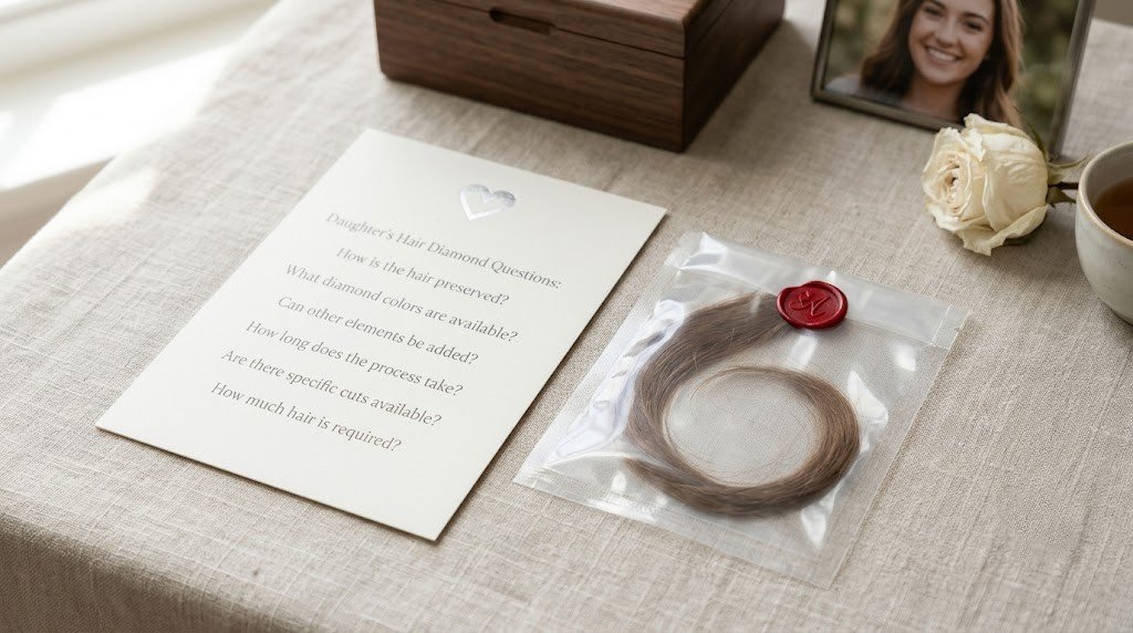 Daughter hair diamond questions listed on a card beside a small lock of hair in a clear sealed bag