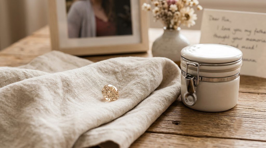 A daughter memorial diamond in champagne tone resting on a folded linen cloth beside a small sealed keepsake container