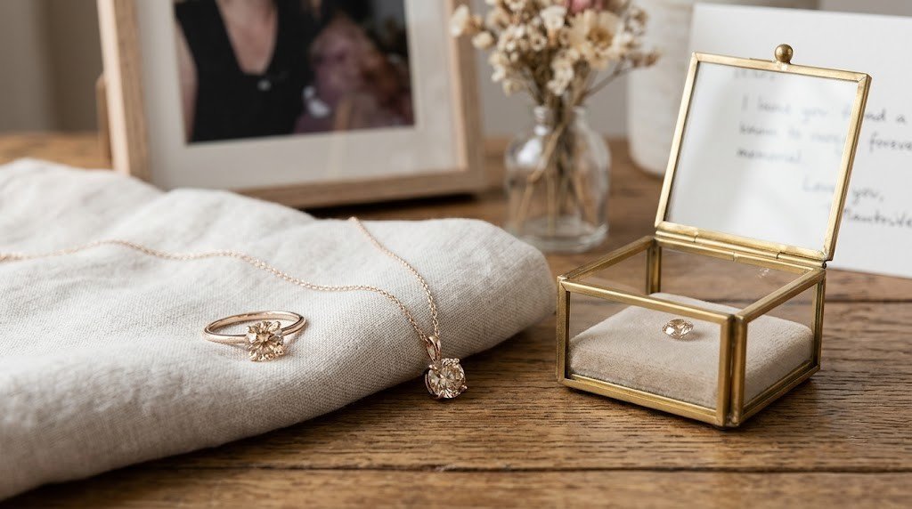 Daughter memorial diamond ideas shown as a ring, a pendant and a small display box arranged on a wooden table