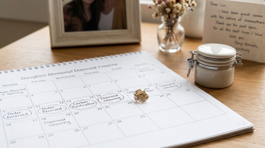 Daughter memorial diamond timeline shown as a wall calendar with a loose champagne diamond resting on one month | **Focus Keyword in alt text.** Stock acceptable short-term; **prioritize for brand photography