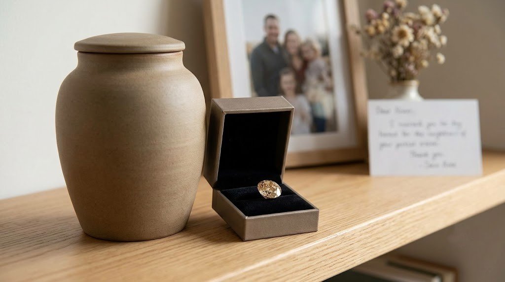 Daughter memorial diamond vs urn: a simple ceramic urn on a shelf beside a small open box holding a champagne-toned memorial diamond