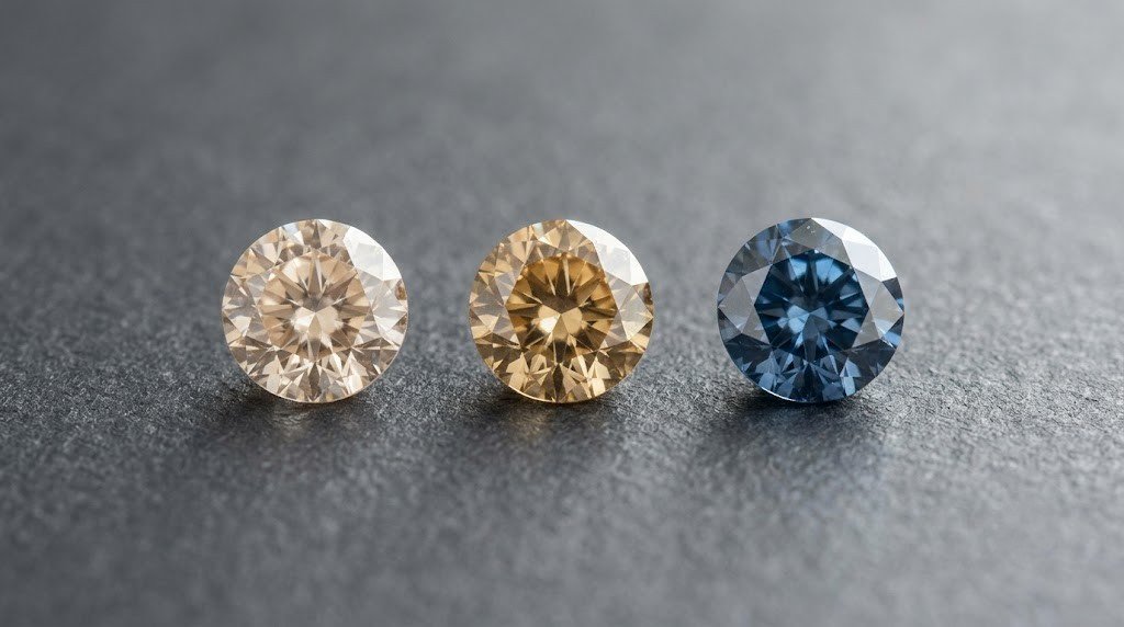 Three small memorial diamonds in slightly different champagne and blue tones resting side by side