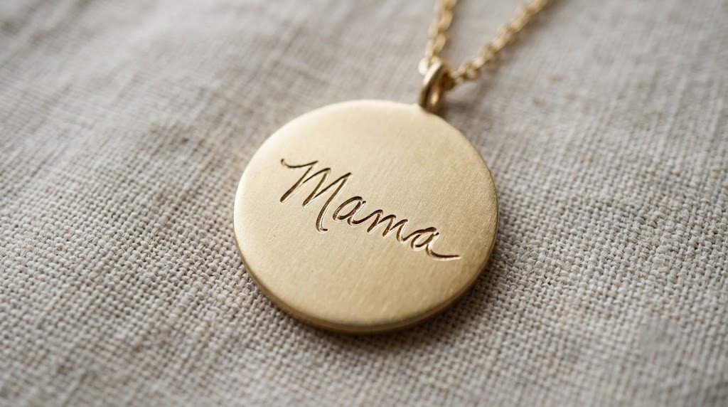  The back of a gold pendant engraved with a single handwritten word 