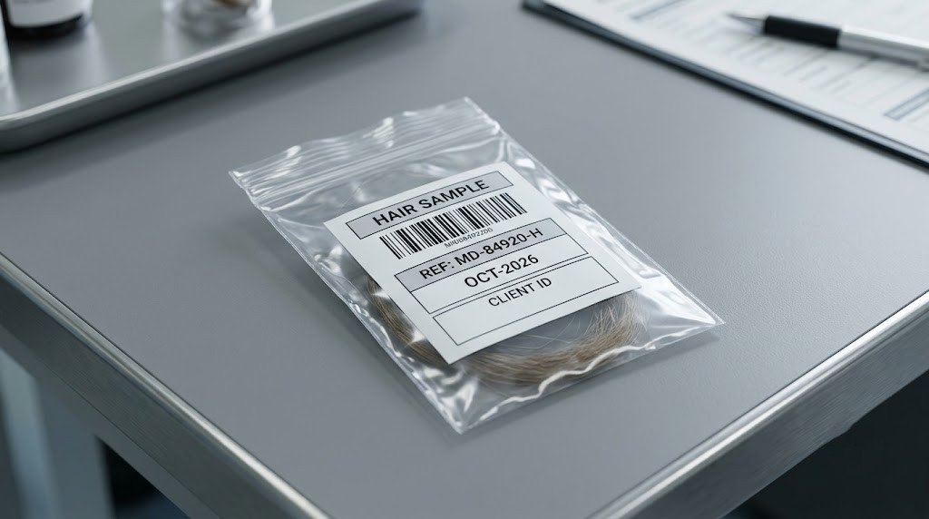 A small sealed hair sample bag with a printed reference label on a laboratory bench