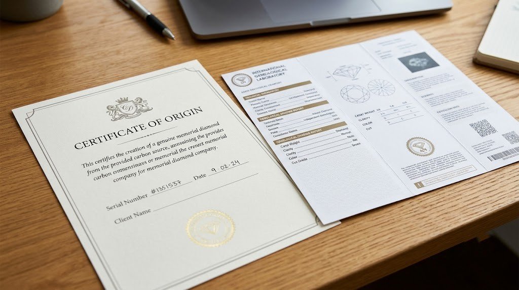 An in-house origin certificate placed next to an independent gemological grading report on a desk