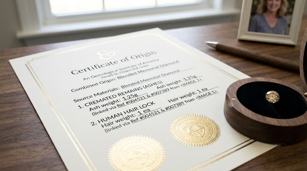An origin certificate listing both ashes and hair as source materials beside a loose champagne-toned diamond