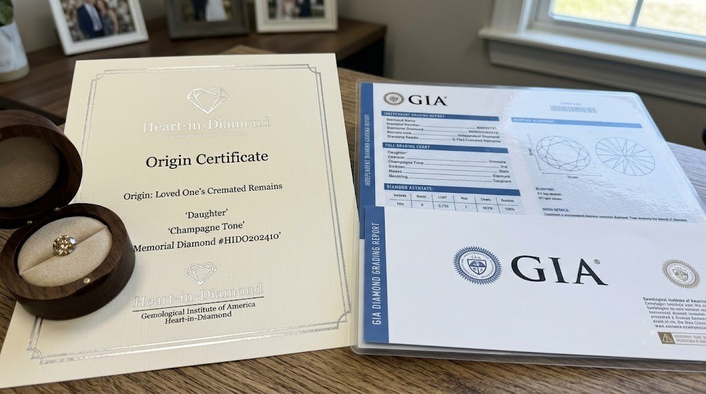 An in-house origin certificate placed next to an independent diamond grading report