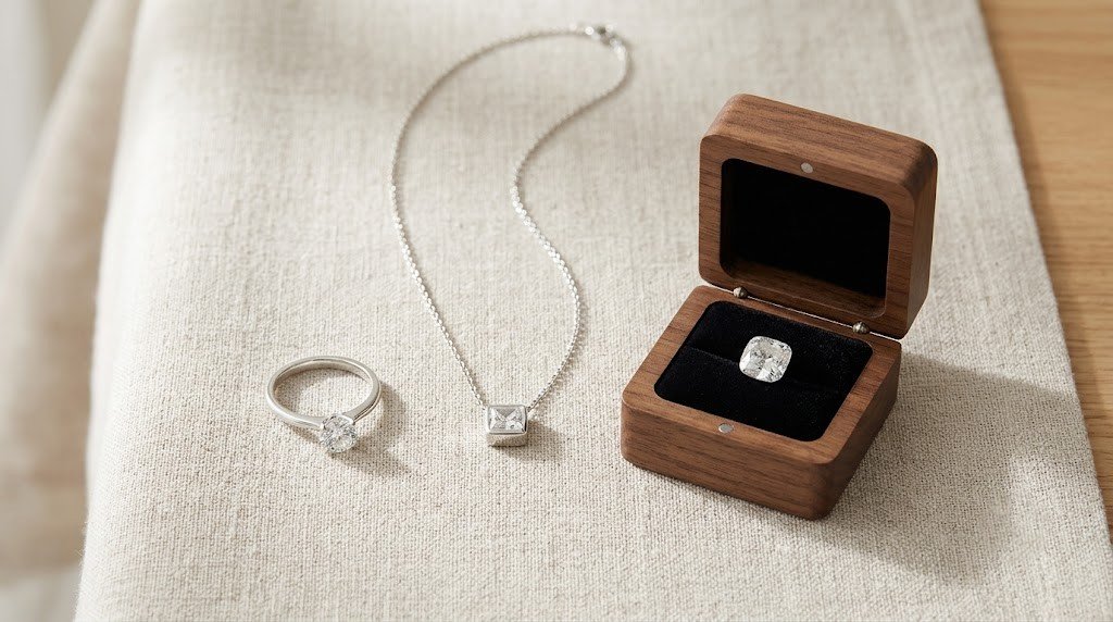 A small sealed container of cremated remains next to a lock of hair tied with thread in a clear envelope