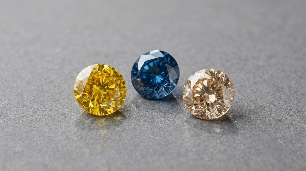 Three loose memorial diamonds in yellow, blue and champagne tones on a gray background